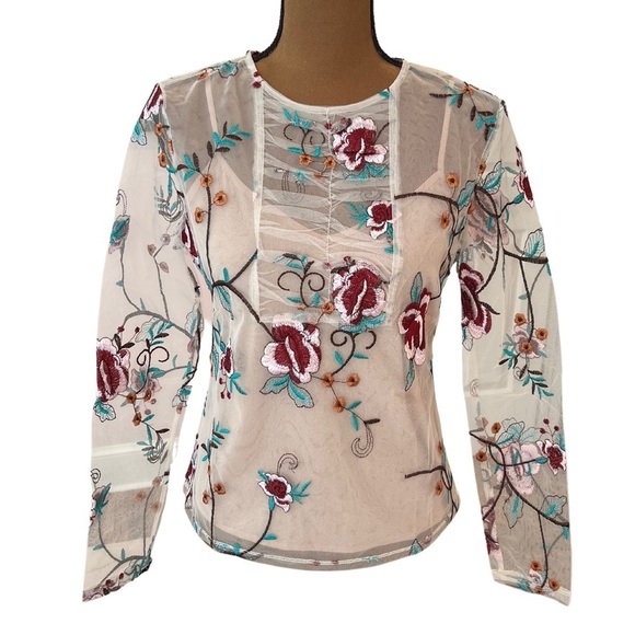 Endless Rose Embroidered Sheer Floral Long Sleeve Blouse & Nude Camisole Set NWT - Picture 1 of 10